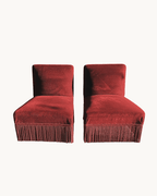 pair of French Napoleon III red velvet slipper chairs - isolated pair shown from the front