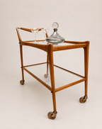 1950s Italian glass and wood bar cart - full cart from the front three-quarter angle