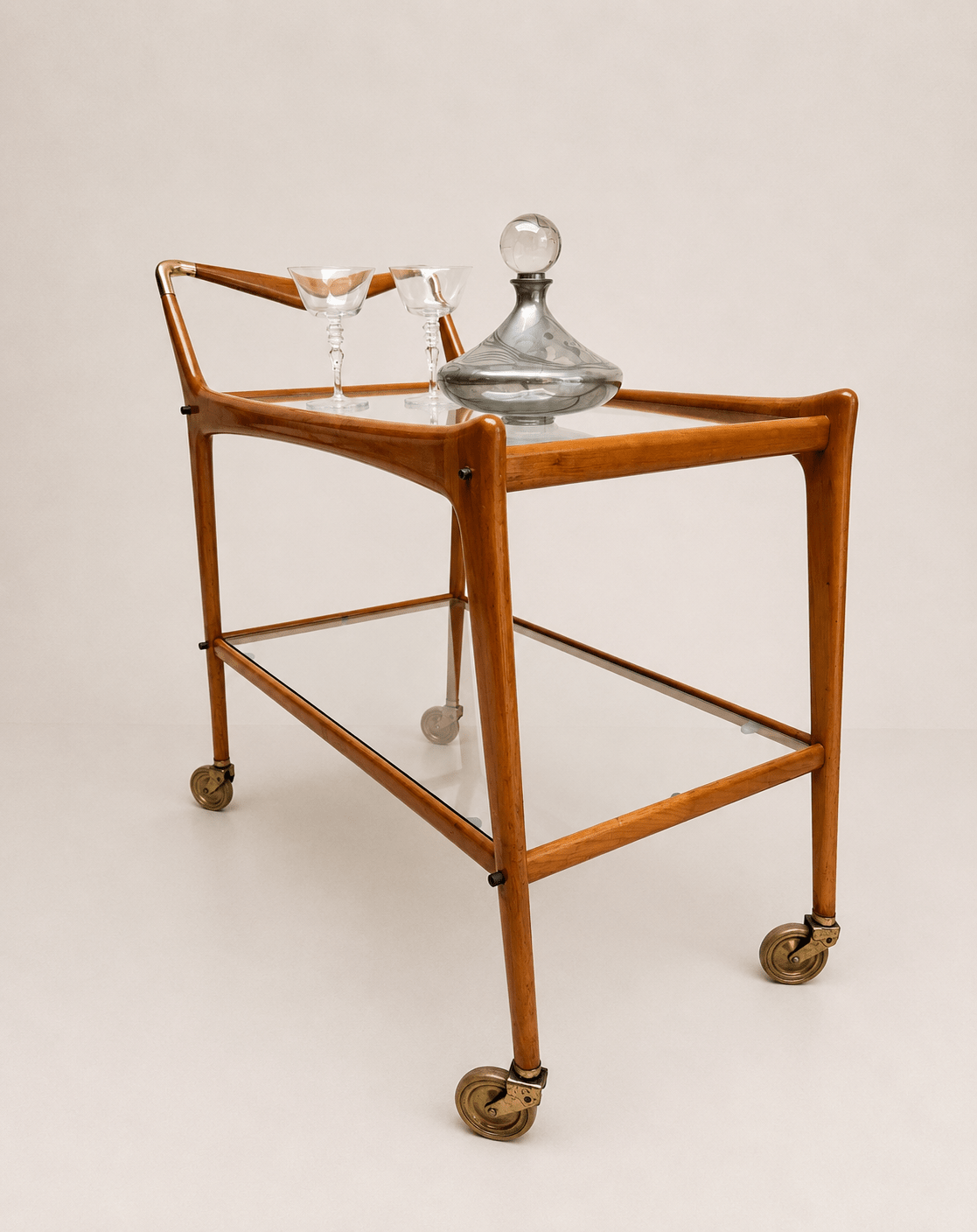 1950s Italian glass and wood bar cart - full cart from the front three-quarter angle
