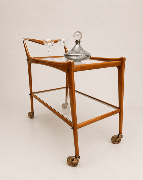 1950s Italian glass and wood bar cart - full cart from the front three-quarter angle