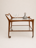 1950s Italian glass and wood bar cart - full cart shown from the front