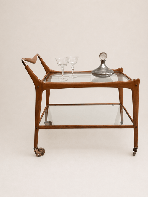 1950s Italian glass and wood bar cart - full cart shown from the front