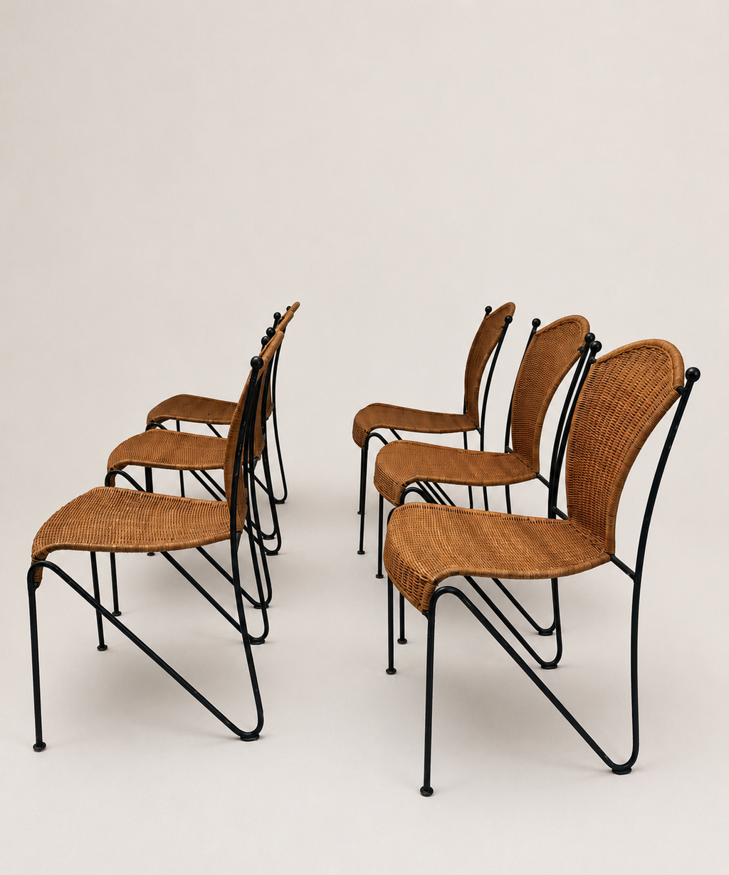 Set of 6 Mid-Century Wicker & Iron Dining Chairs Attributed to Frederic Weinberg