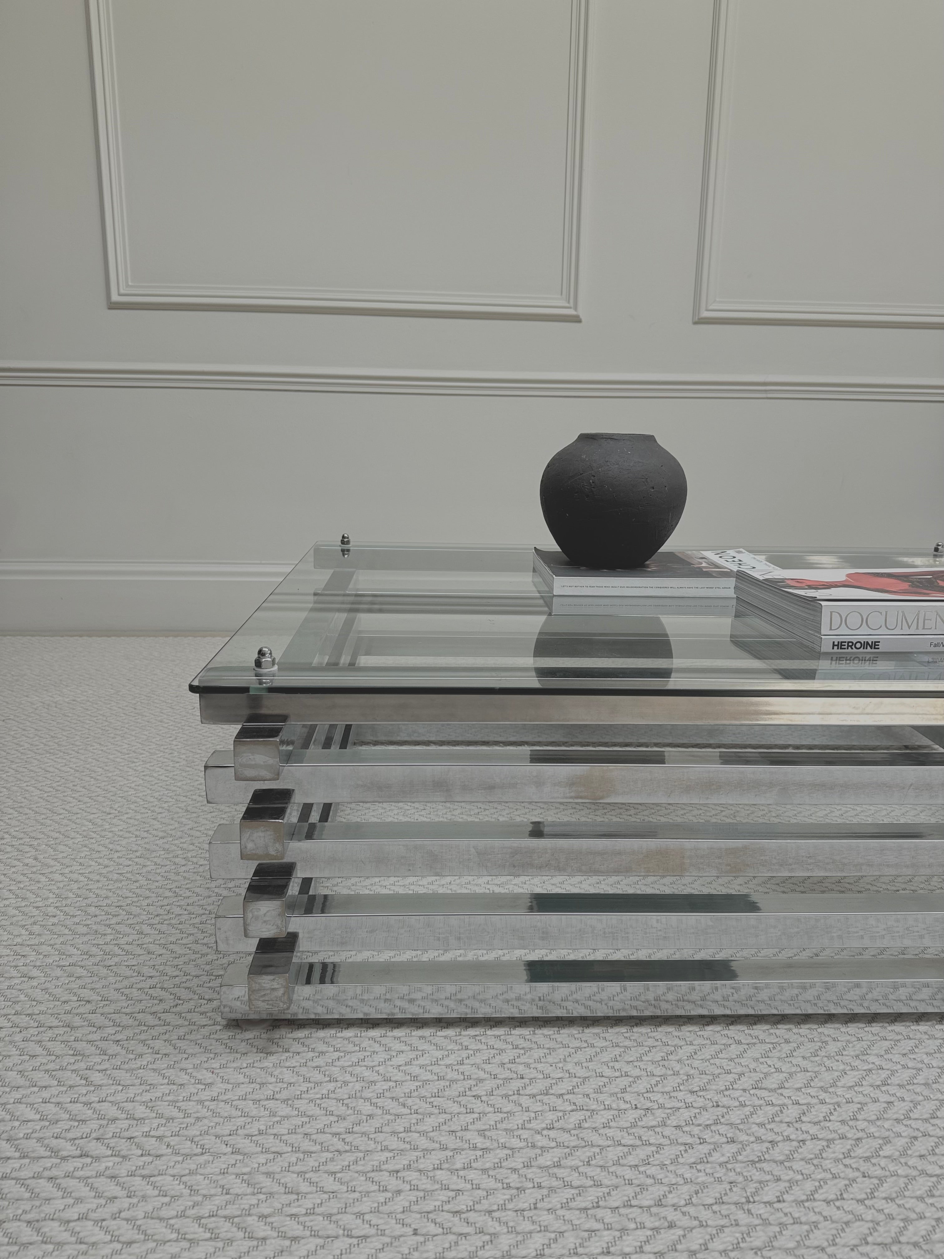 Mid Century Italian Chrome and Glass Coffee Table Stacked Rectangular – Coffee Table – MILLA OBJETS