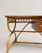 1970s Italian bamboo and rattan writing desk - left lattice side and bamboo frame, close-up