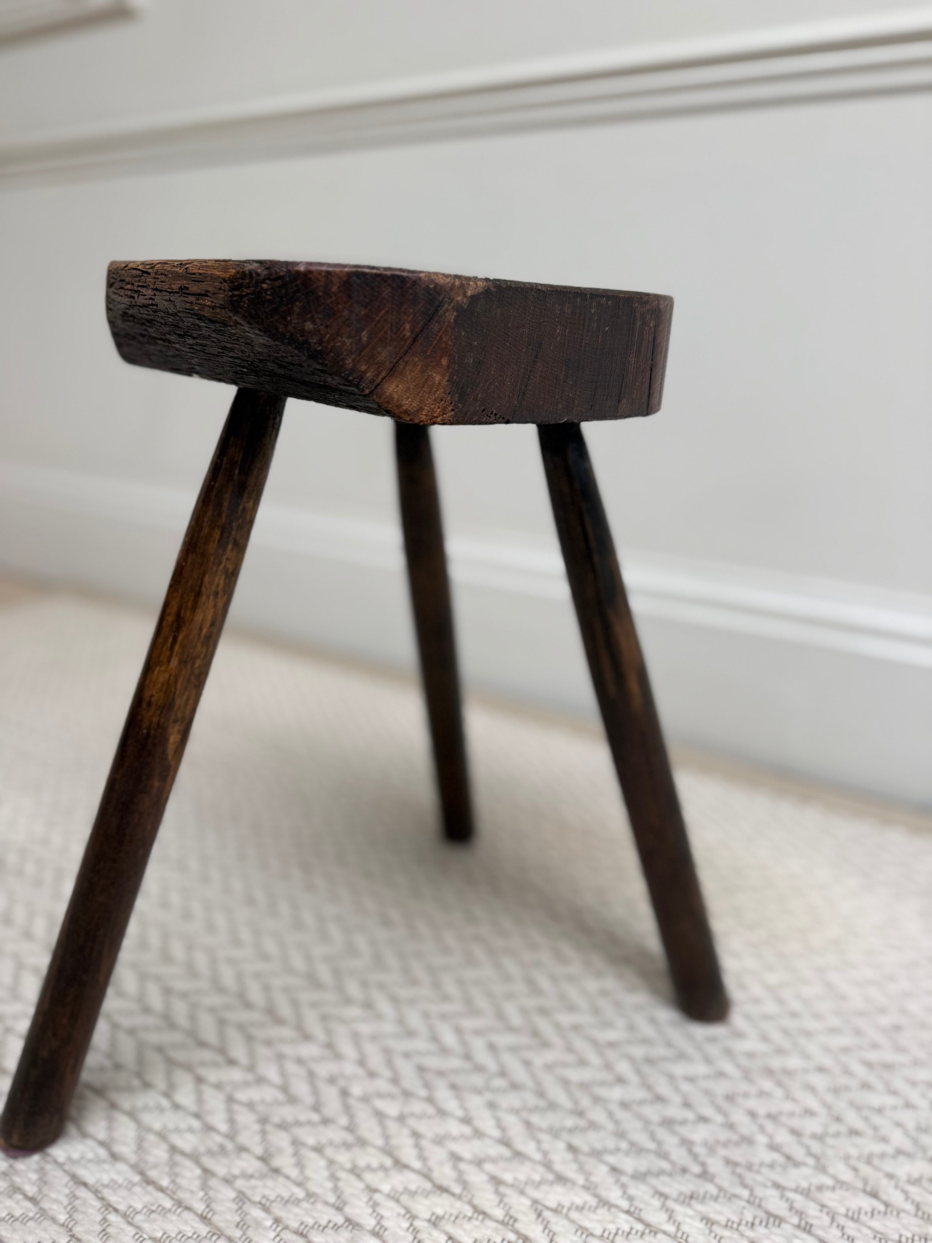 Vintage Hand-Carved Oak Three-Legged Stool – Stool – MILLA OBJETS