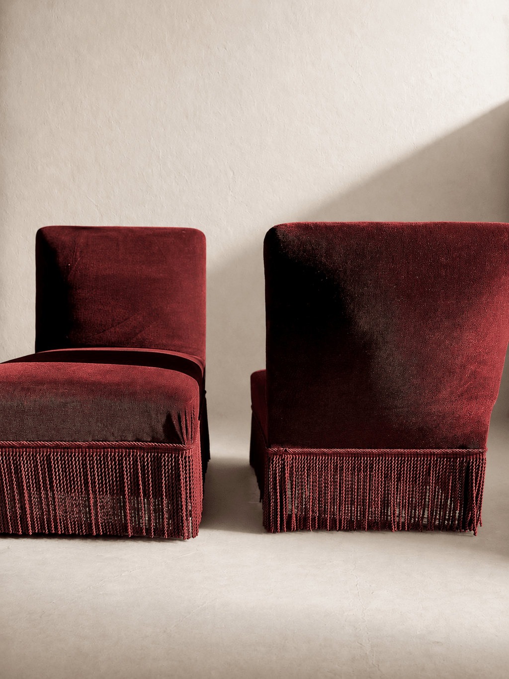 A pair of French Napoleon III red velvet slipper chairs with fringe – Armchair – MILLA OBJETS