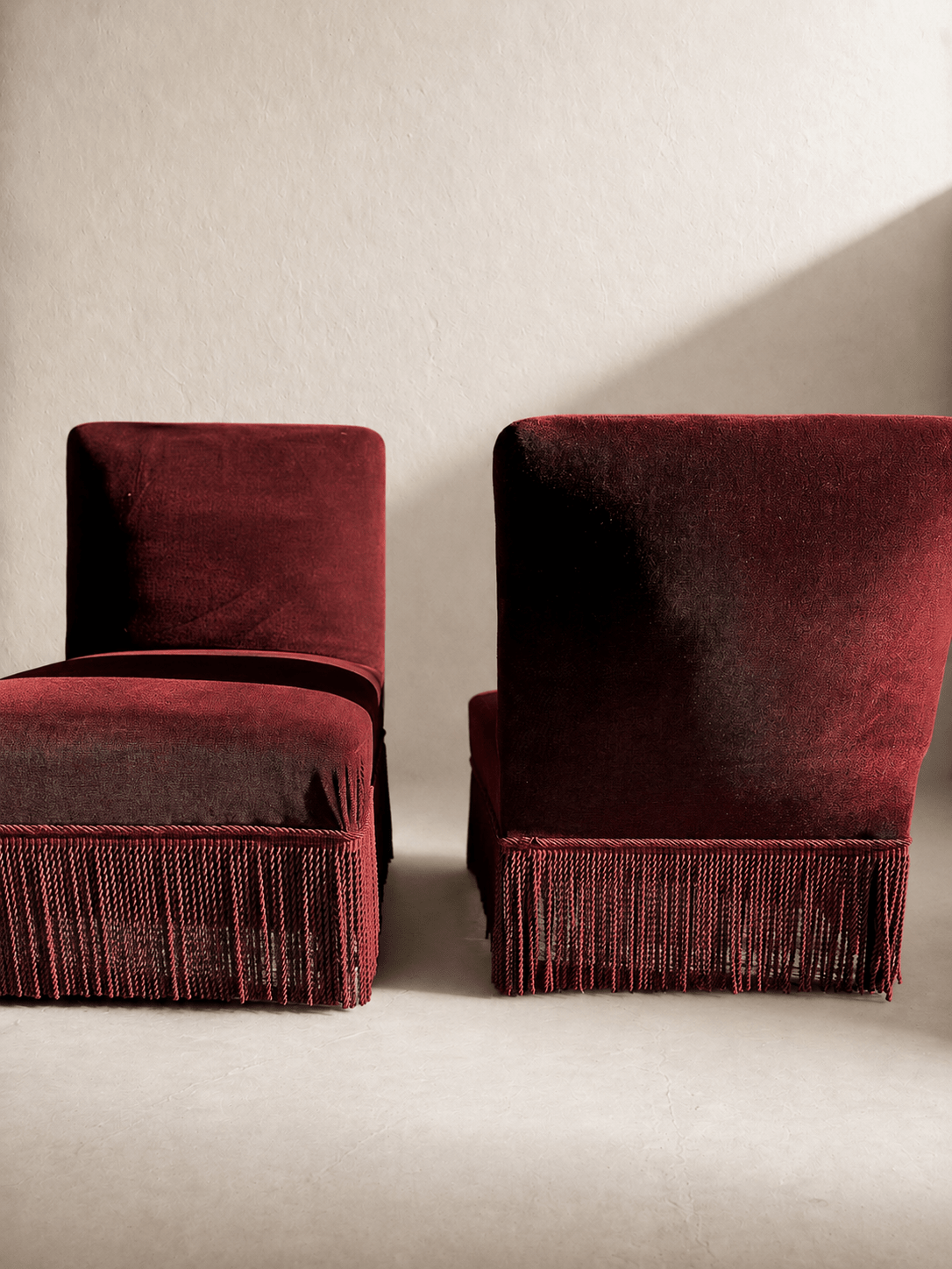 A pair of French Napoleon III red velvet slipper chairs with fringe – Armchair – MILLA OBJETS
