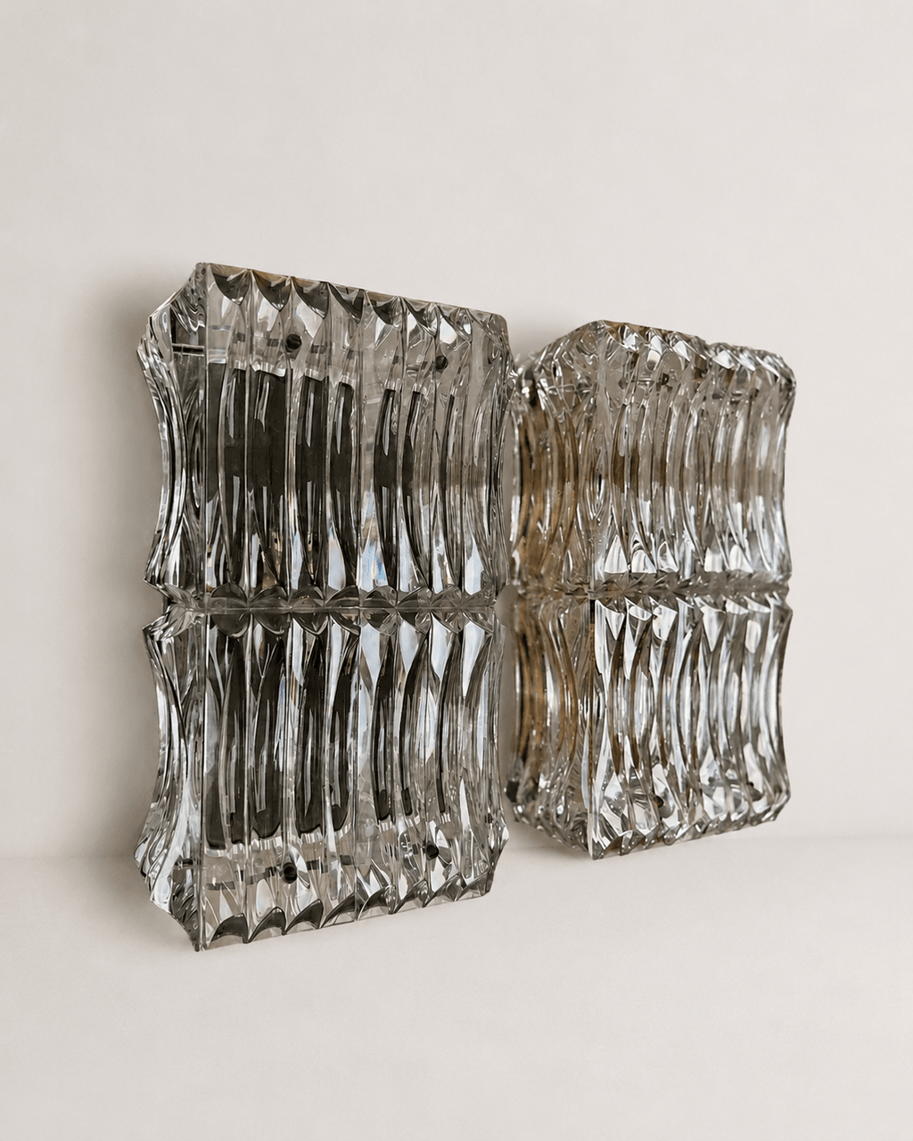 Pair Of Large Mid Century Faceted Glass Wall Sconces With Aged Brass Backplates – Wall Sconces – MILLA OBJETS