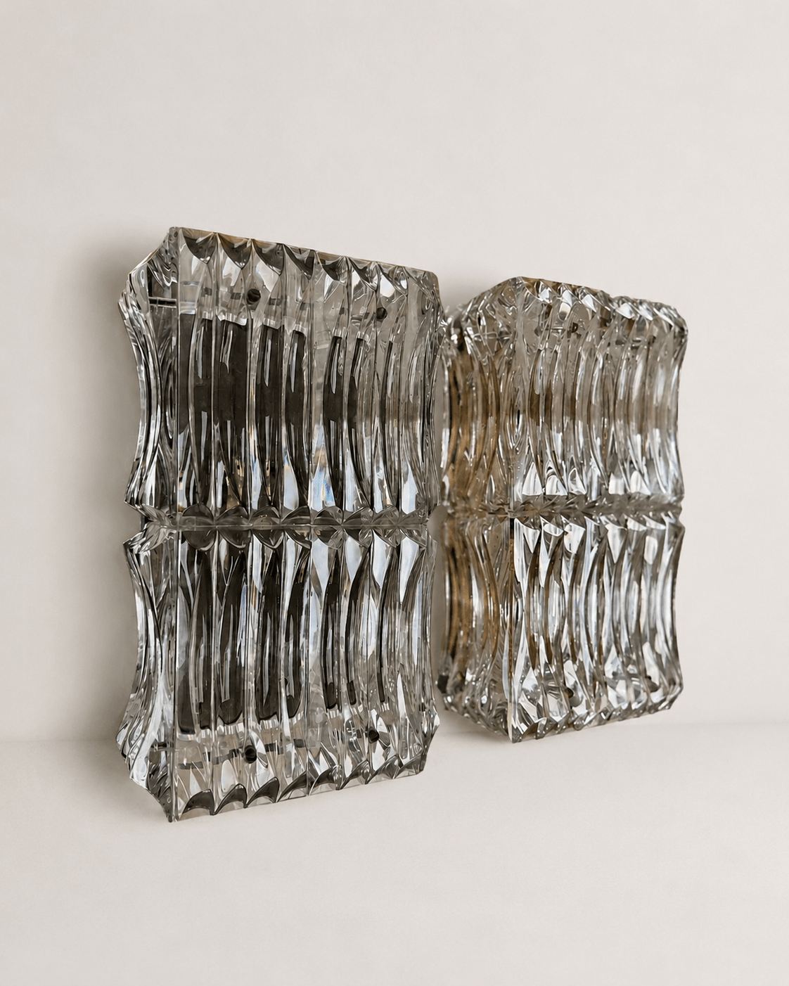 Pair Of Large Mid Century Faceted Glass Wall Sconces With Aged Brass Backplates – Wall Sconces – MILLA OBJETS