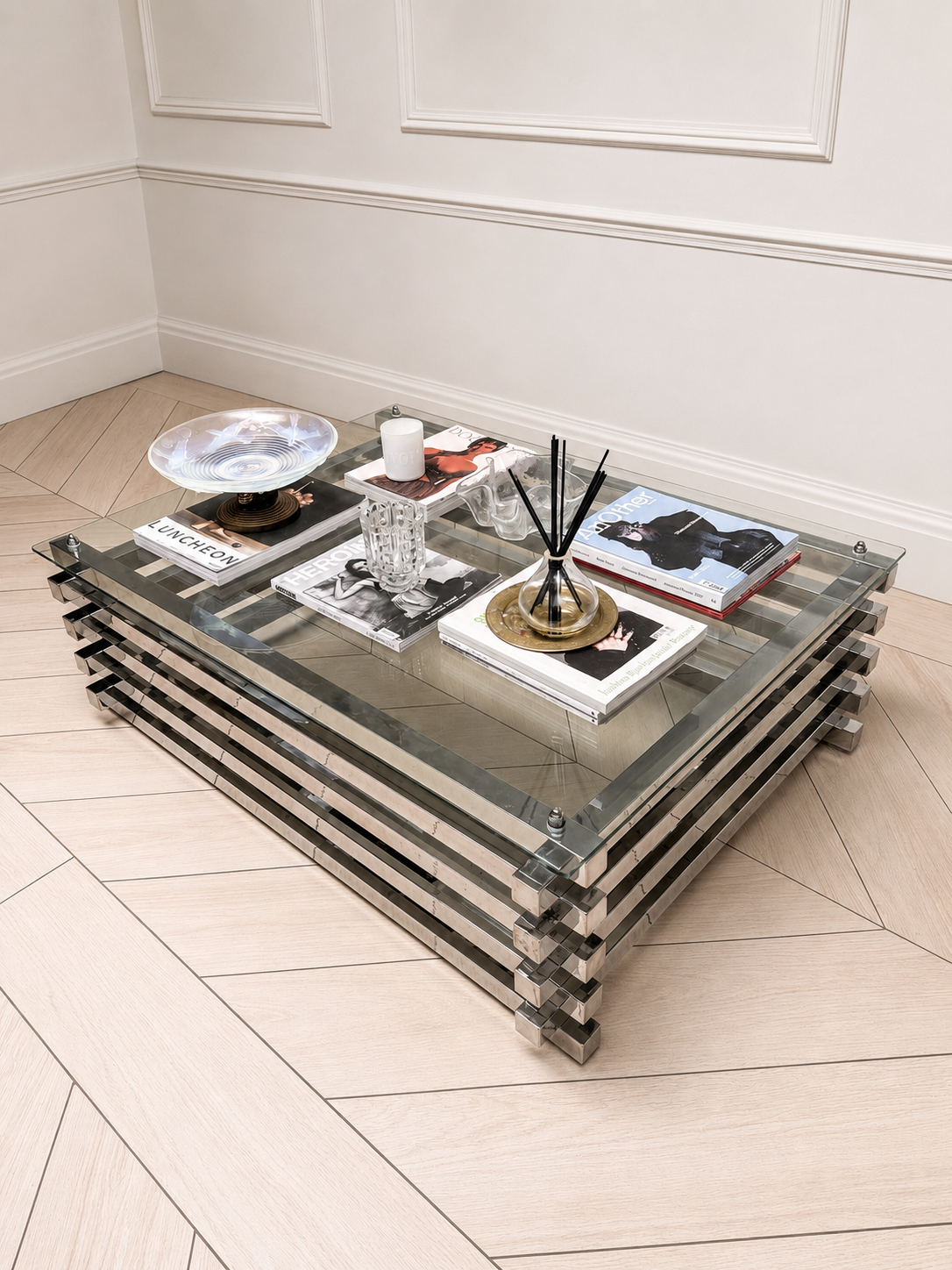 Mid Century Italian Chrome and Glass Coffee Table Stacked Rectangular