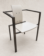 A modern armchair with a dark metal frame and light beige seat and back panels, photographed against a neutral light beige backdrop.
