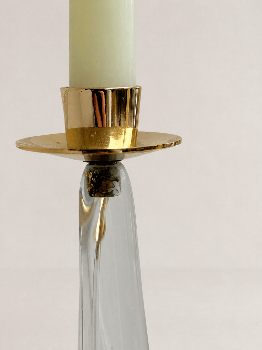 Pair of mid-century sculptural clear glass three-arm candelabras