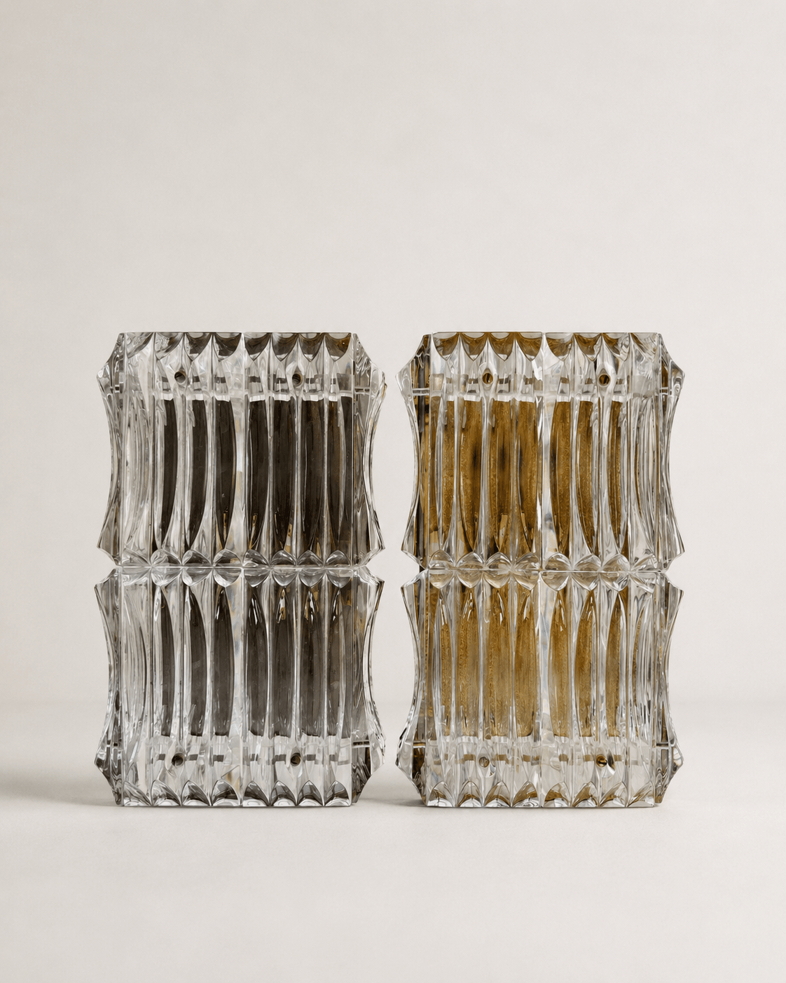 Pair Of Large Mid Century Faceted Glass Wall Sconces With Aged Brass Backplates – Wall Sconces – MILLA OBJETS