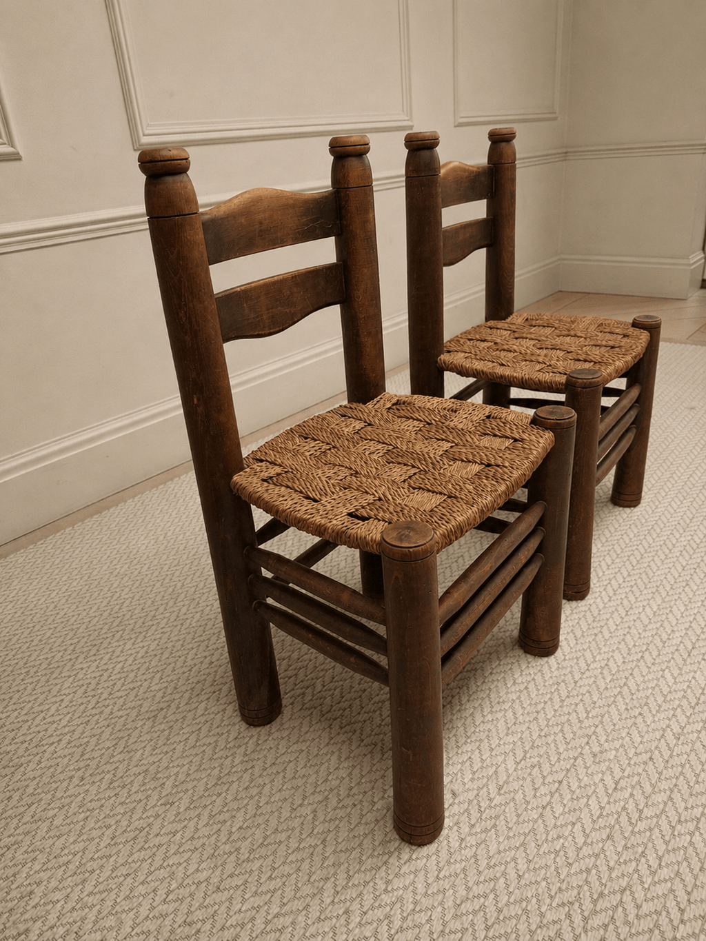 Pair of 1950s French Brutalist Oak & Rush Chairs Attributed to Charles Dudouyt – Dining Chairs – MILLA OBJETS