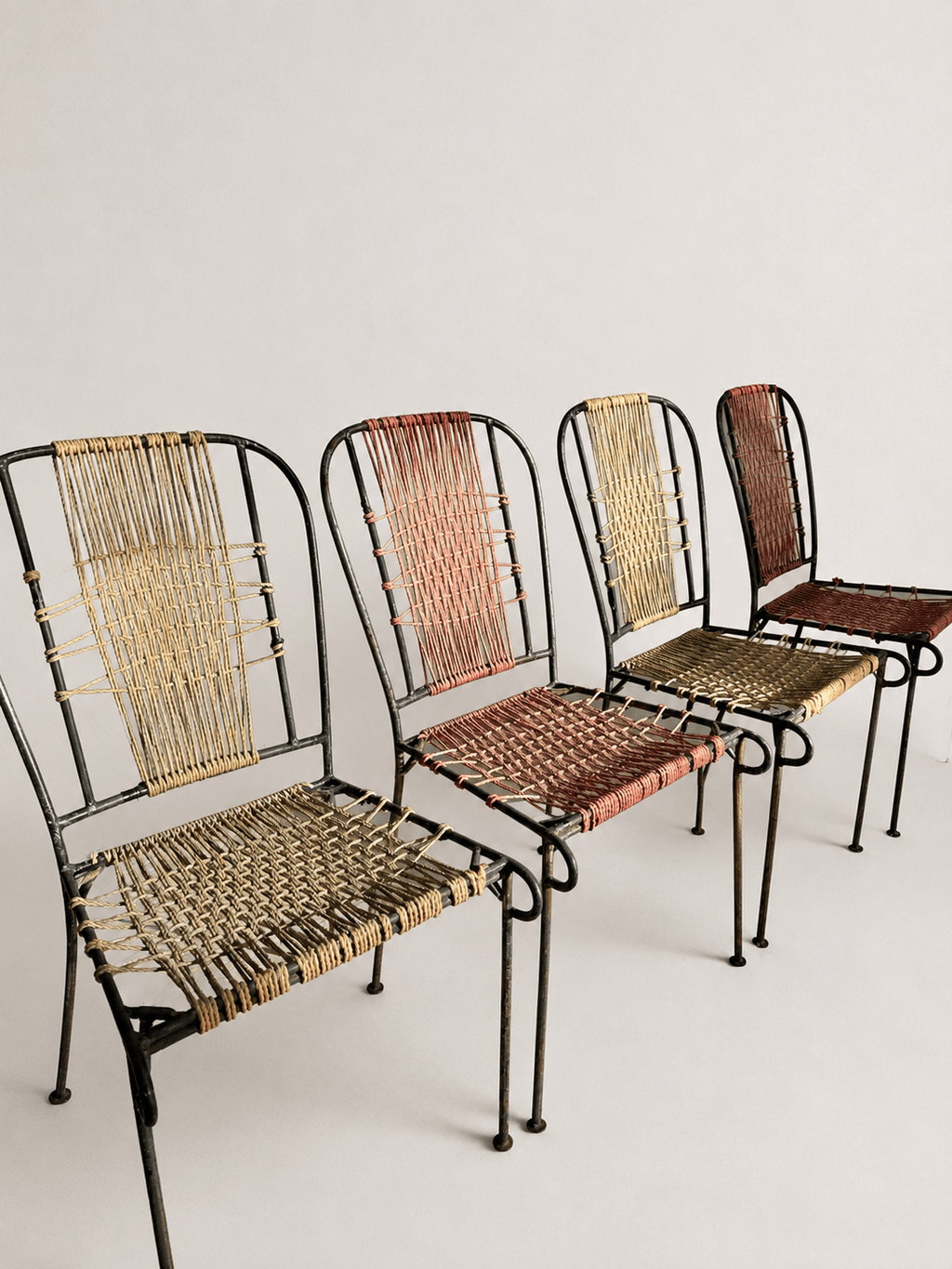 Set of 4 Mid-Century French Wrought Iron & Woven Cord Patio Chairs, circa 1950s – Dining Chairs – MILLA OBJETS