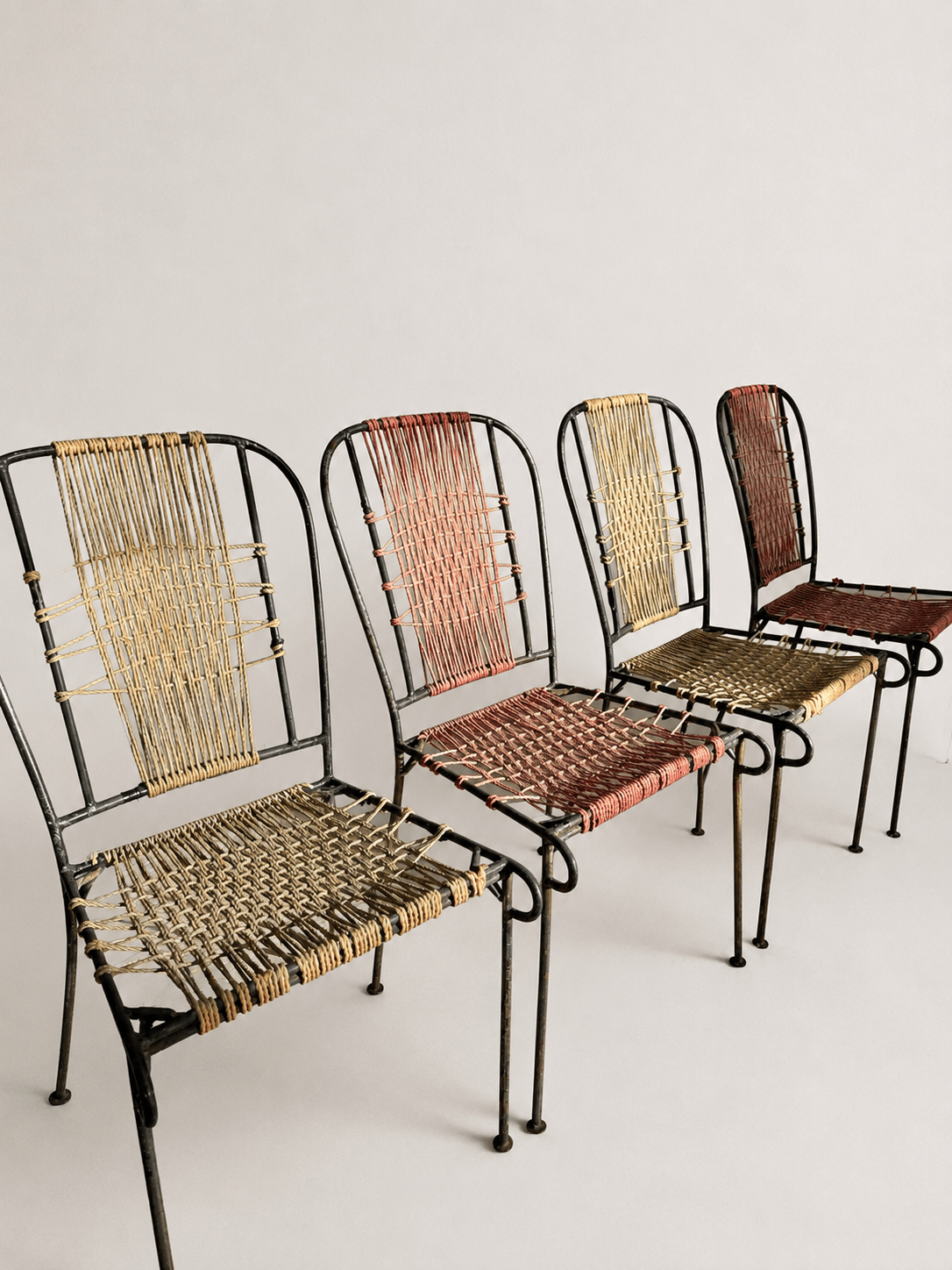 Set of 4 Mid-Century French Wrought Iron & Woven Cord Patio Chairs, circa 1950s – Dining Chairs – MILLA OBJETS