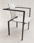 A modern industrial-style armchair with a matte black tubular metal frame and white panels for the seat and backrest, set against a light gray tiled studio background.