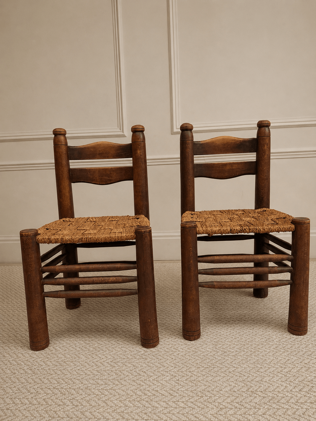 Pair of 1950s French Brutalist Oak & Rush Chairs Attributed to Charles Dudouyt – Dining Chairs – MILLA OBJETS