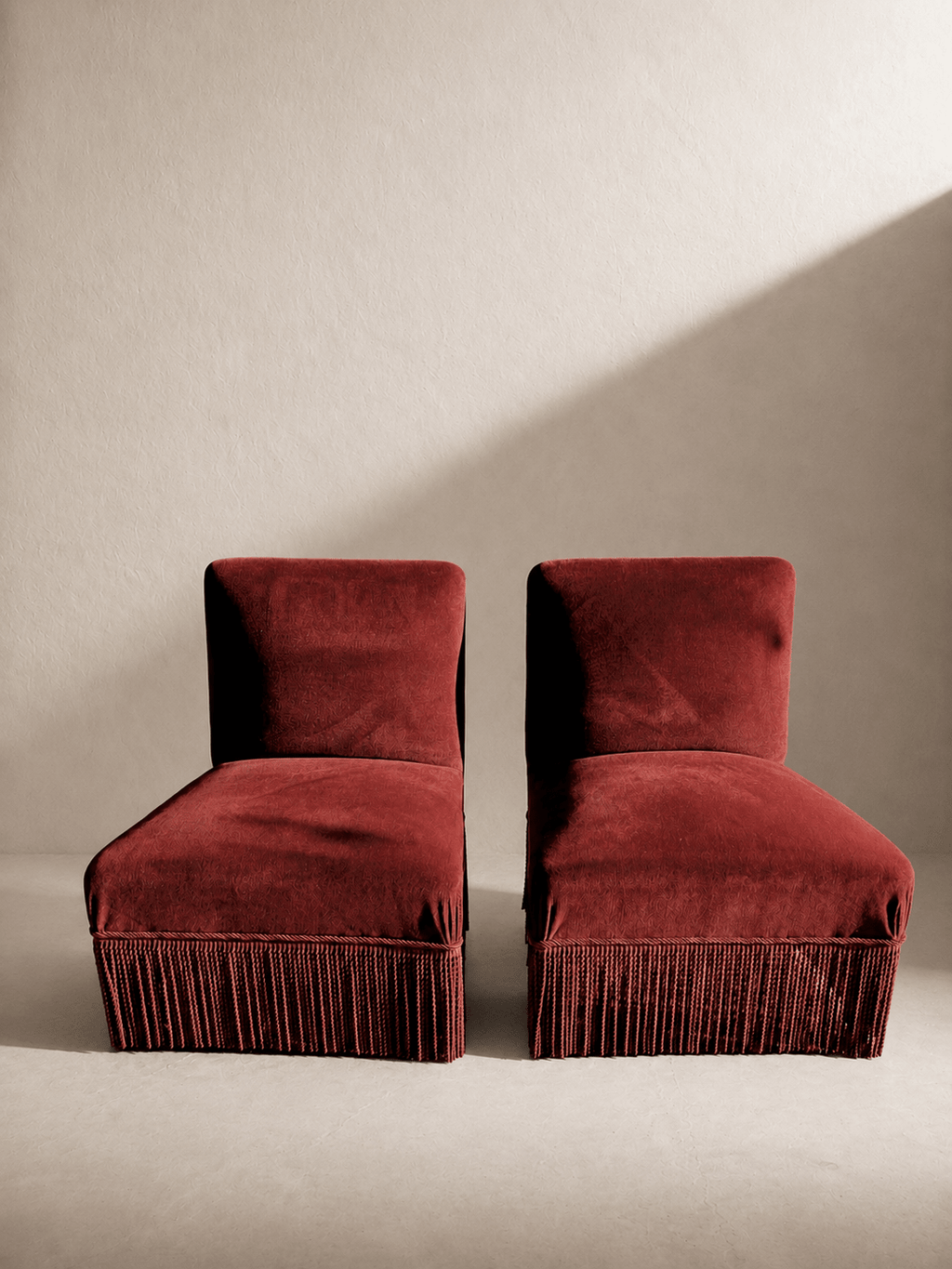 A pair of French Napoleon III red velvet slipper chairs with fringe – Armchair – MILLA OBJETS
