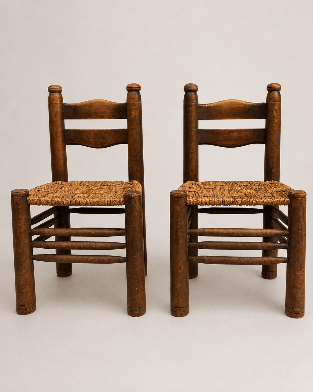 Pair of 1950s French Brutalist Oak & Rush Chairs Attributed to Charles Dudouyt – Dining Chairs – MILLA OBJETS