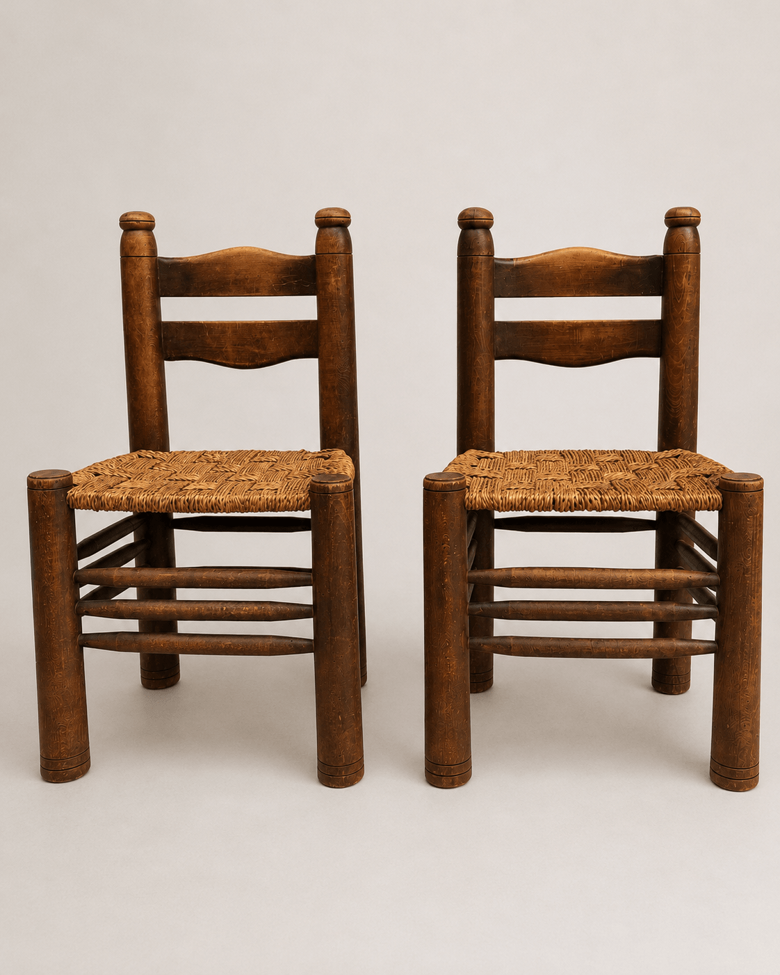 Pair of 1950s French Brutalist Oak & Rush Chairs Attributed to Charles Dudouyt – Dining Chairs – MILLA OBJETS