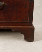 Close-up of the bottom corner of a dark reddish-brown wooden chest or cabinet, showing the carved leg foot, wood grain, and part of a metal drawer pull against a light fabric backdrop.