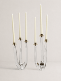 Pair of mid-century sculptural clear glass three-arm candelabras