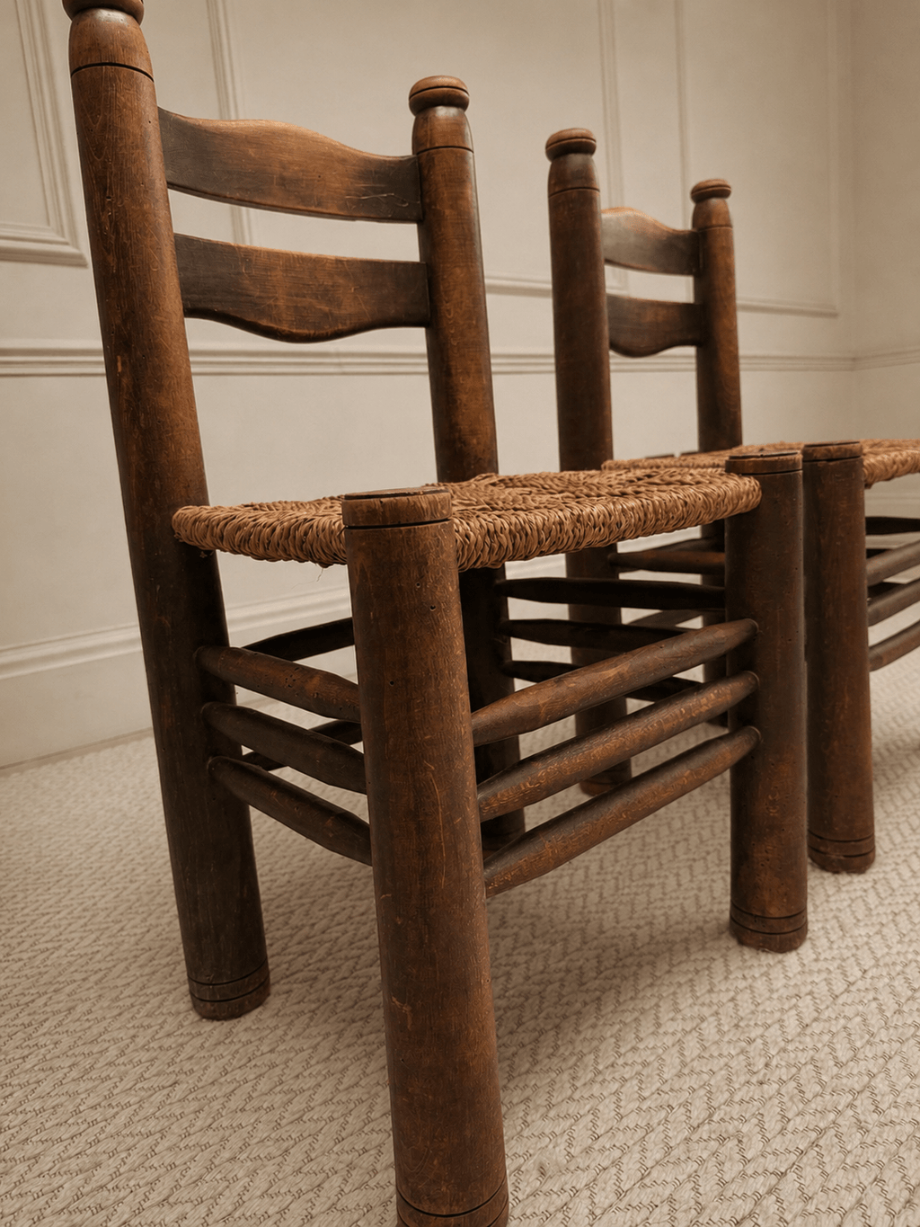 Pair of 1950s French Brutalist Oak & Rush Chairs Attributed to Charles Dudouyt – Dining Chairs – MILLA OBJETS