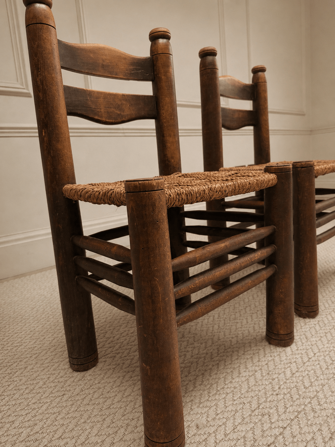 Pair of 1950s French Brutalist Oak & Rush Chairs Attributed to Charles Dudouyt – Dining Chairs – MILLA OBJETS