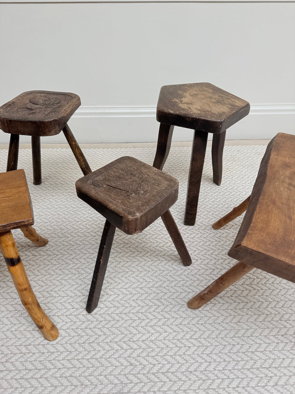 Vintage Hand-Carved Oak Three-Legged Stool – Stool – MILLA OBJETS