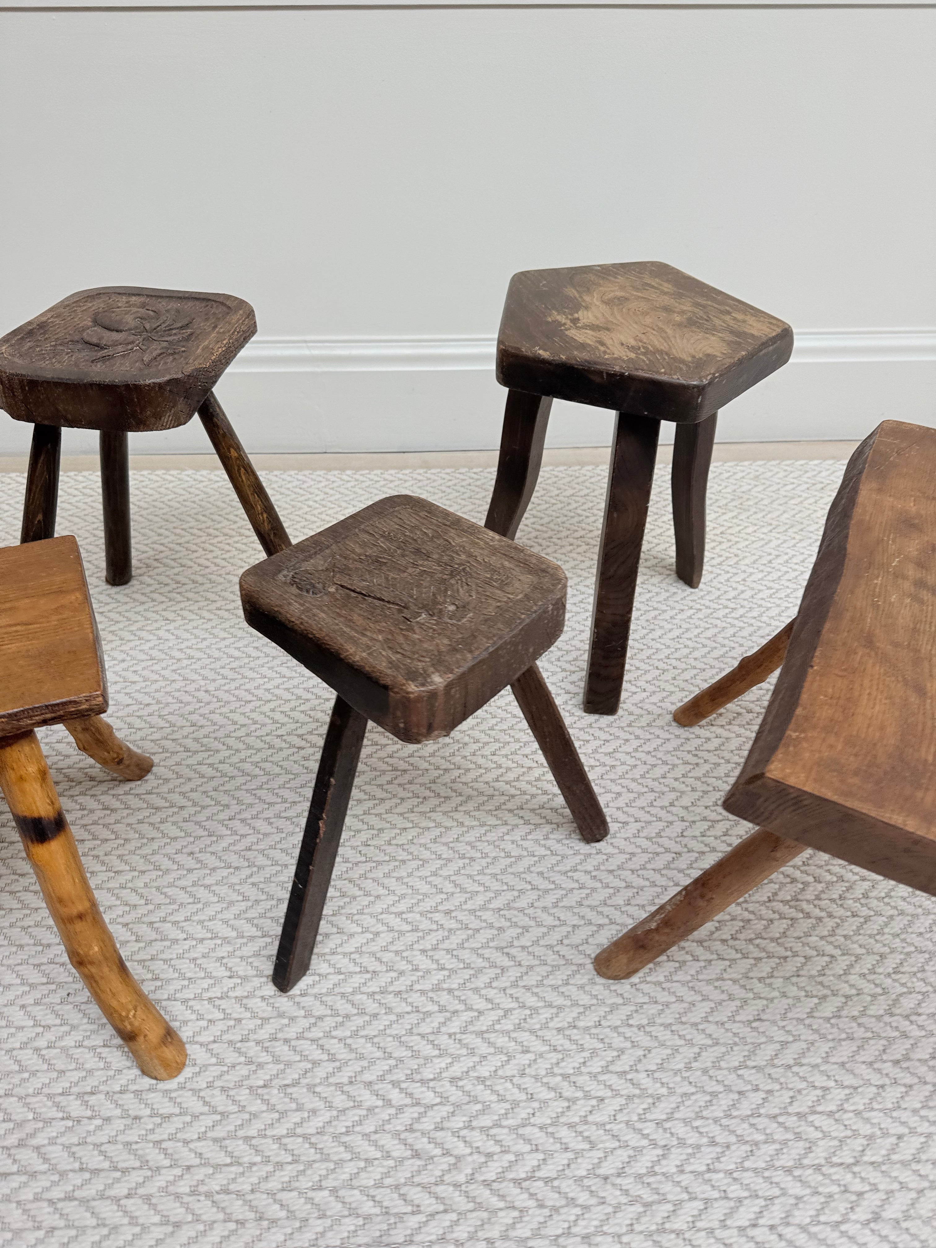 Vintage Hand-Carved Oak Three-Legged Stool – Stool – MILLA OBJETS
