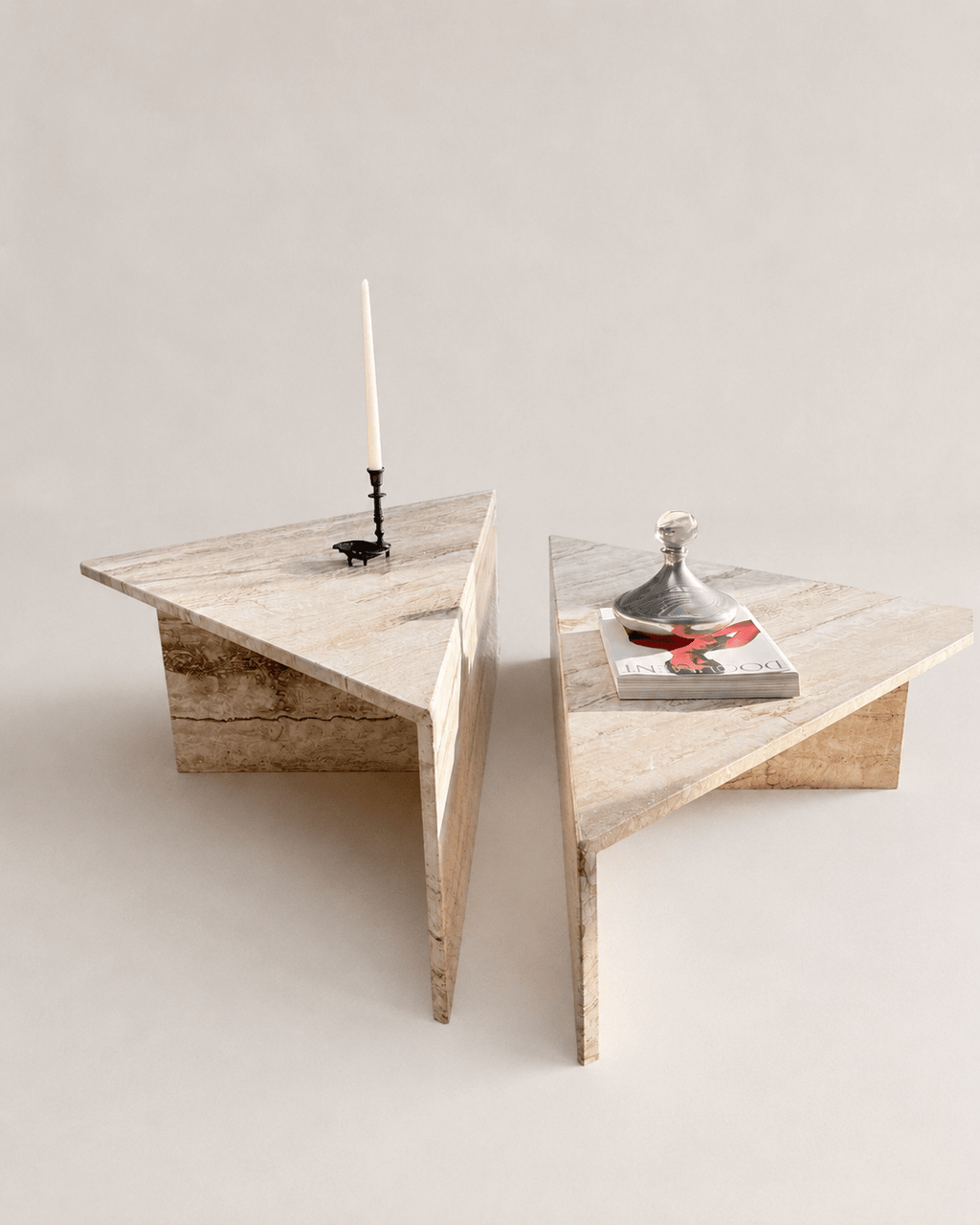 Vintage Italian 1970s Mid Century Travertine Low Triangular Nesting Coffee Tables – Pair – Coffee Tables – MILLA OBJETS