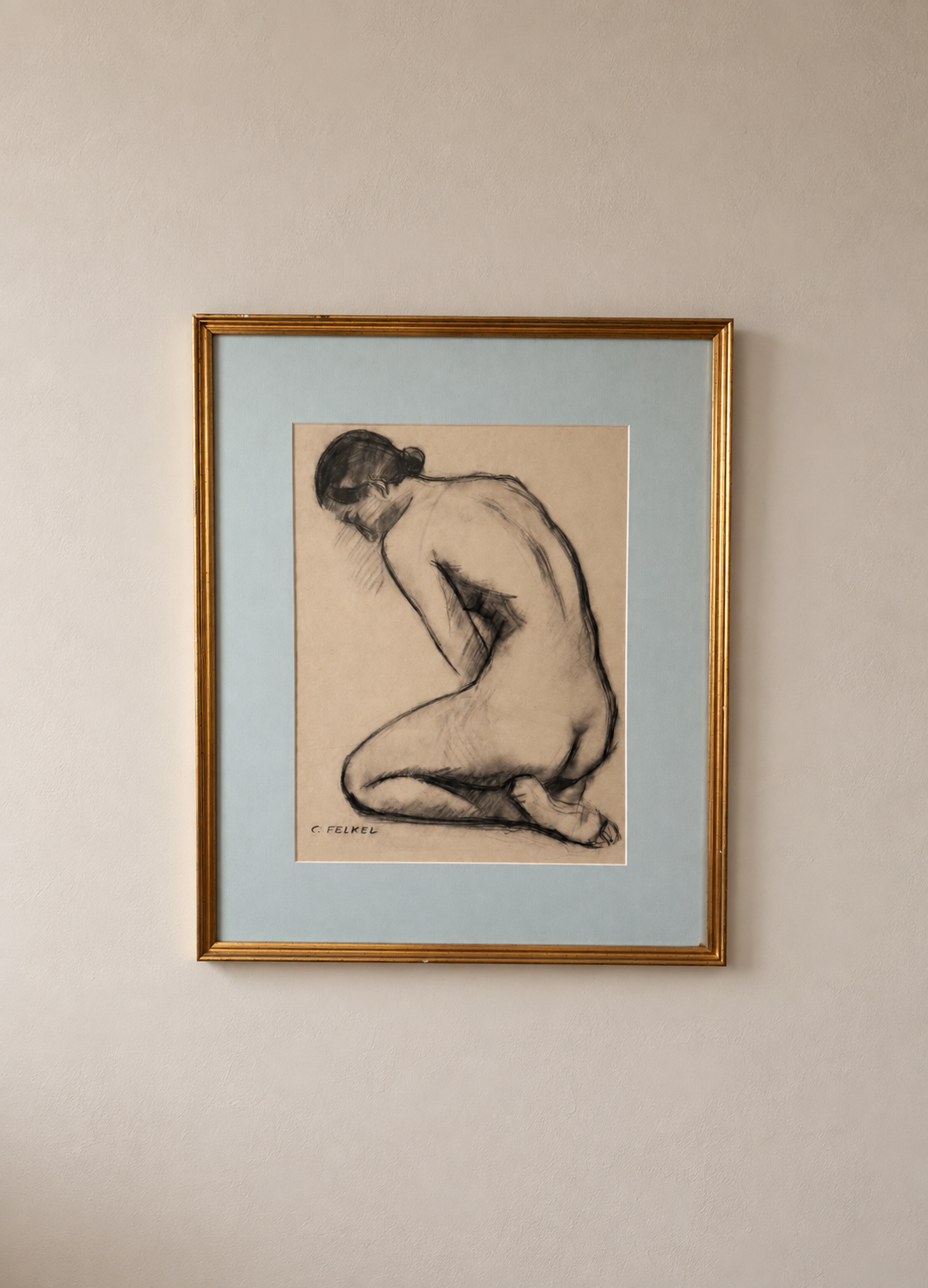 Carl Felkel Signed Female Nude Charcoal Drawing, Framed