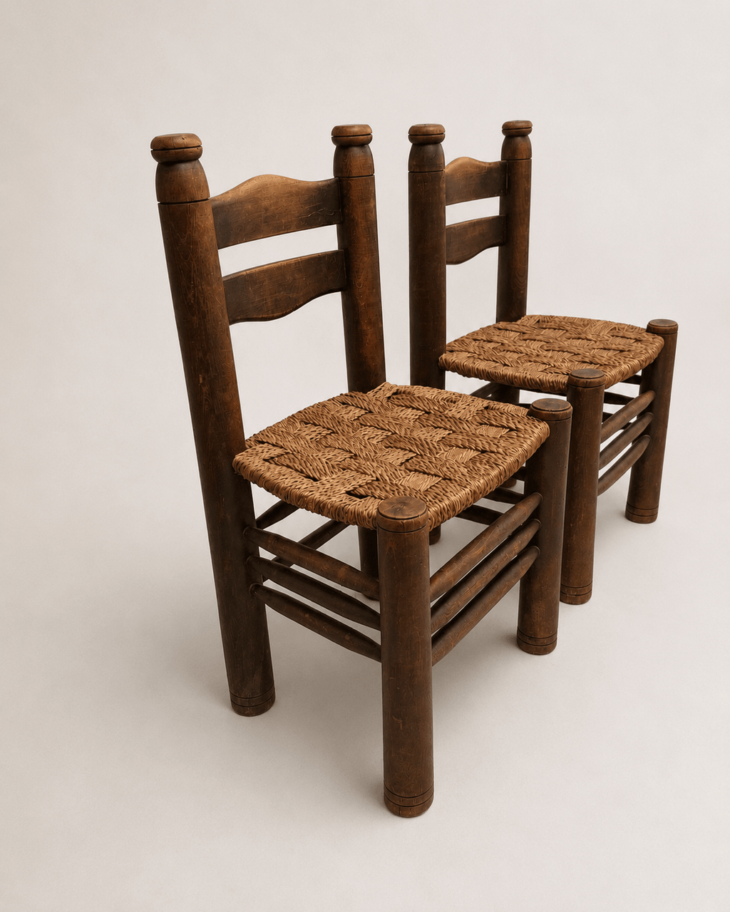 Pair of 1950s French Brutalist Oak & Rush Chairs Attributed to Charles Dudouyt – Dining Chairs – MILLA OBJETS