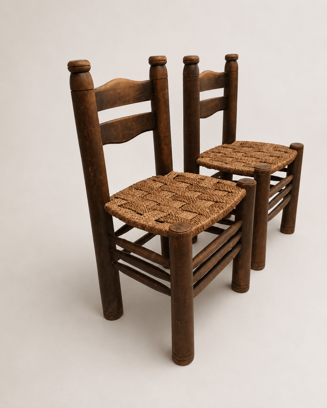 Pair of 1950s French Brutalist Oak & Rush Chairs Attributed to Charles Dudouyt – Dining Chairs – MILLA OBJETS