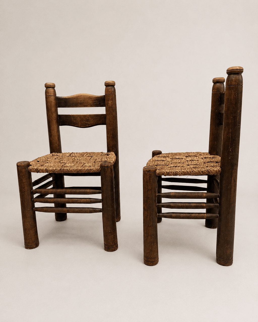 Pair of 1950s French Brutalist Oak & Rush Chairs Attributed to Charles Dudouyt – Dining Chairs – MILLA OBJETS