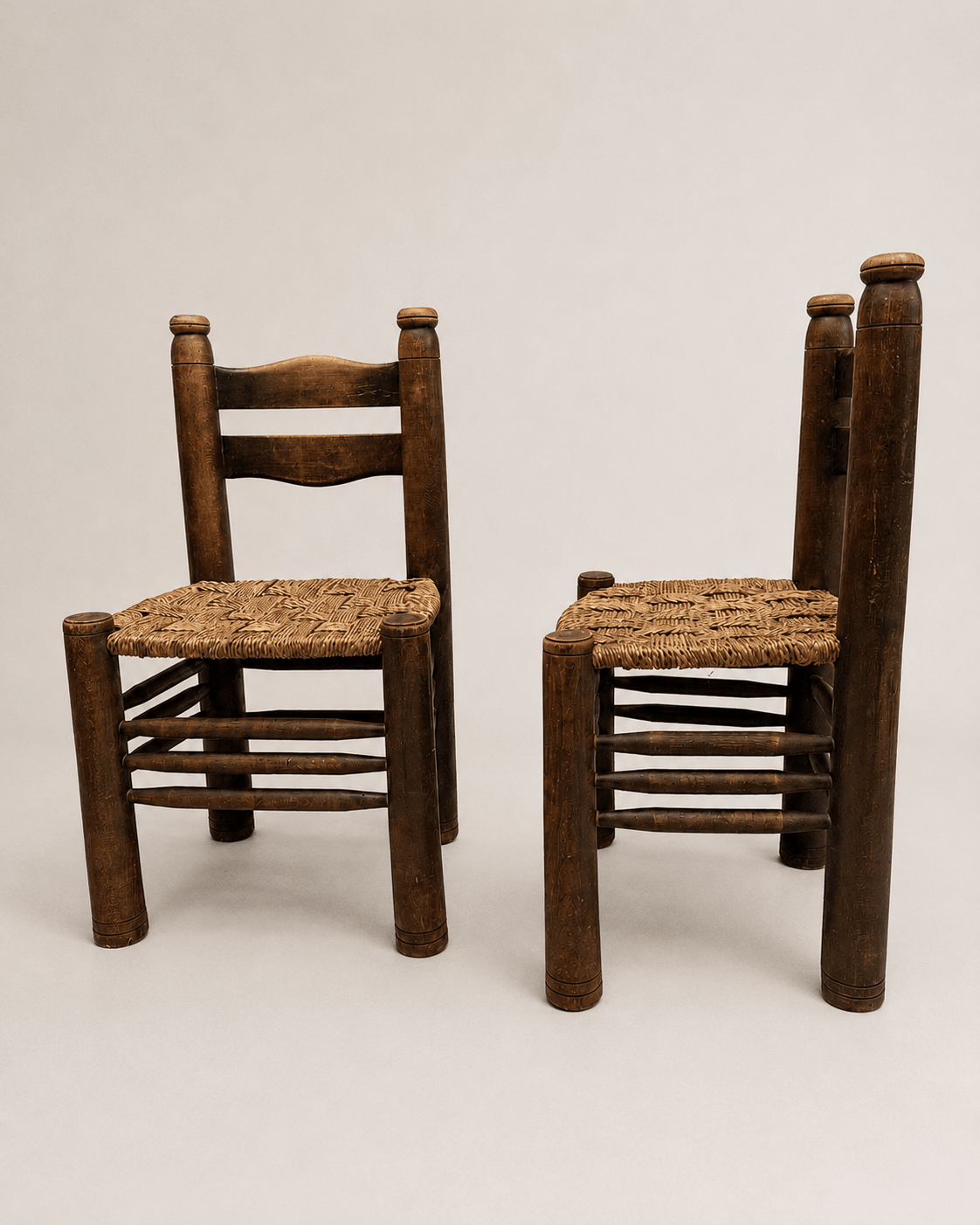 Pair of 1950s French Brutalist Oak & Rush Chairs Attributed to Charles Dudouyt – Dining Chairs – MILLA OBJETS