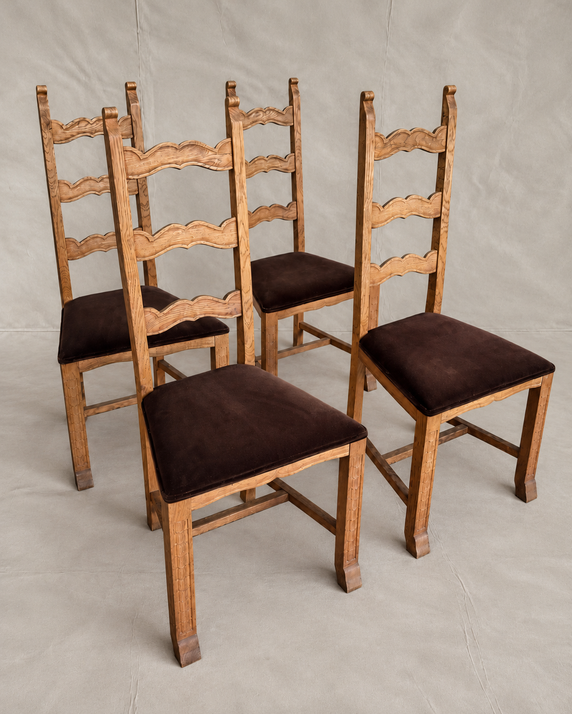 Set of Four Danish Skønvirke-Style Carved Oak Dining Chairs, c.1930s