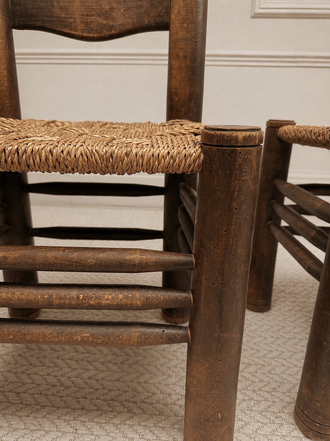 Pair of 1950s French Brutalist Oak & Rush Chairs Attributed to Charles Dudouyt – Dining Chairs – MILLA OBJETS