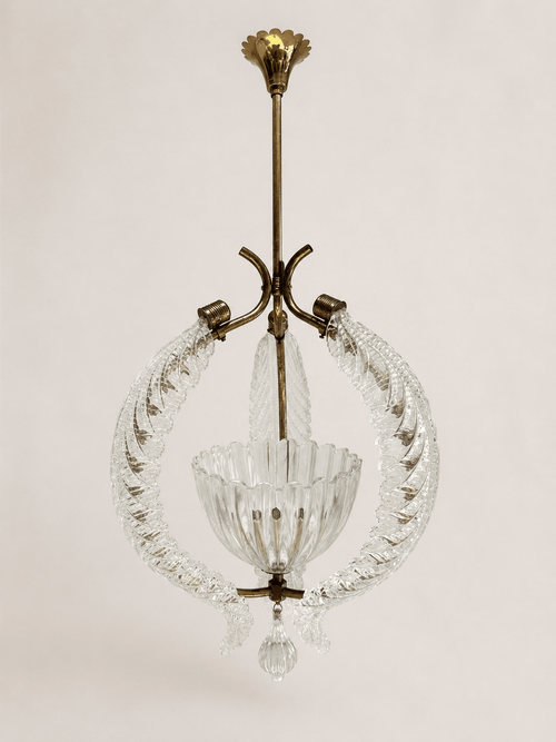 Barovier and Toso Murano glass and brass pendant light - full pendant shown from the front