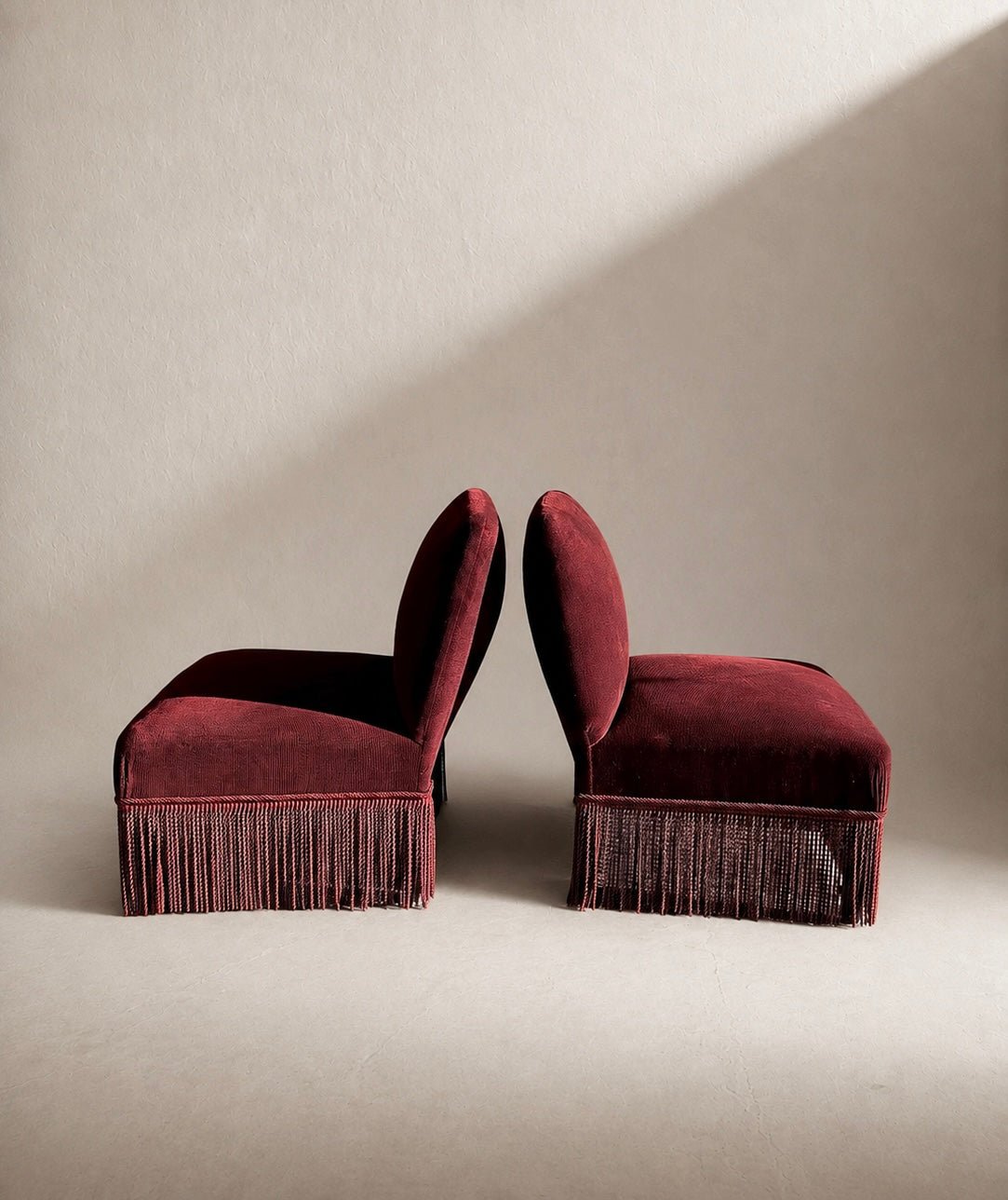 A pair of French Napoleon III red velvet slipper chairs with fringe – Armchair – MILLA OBJETS