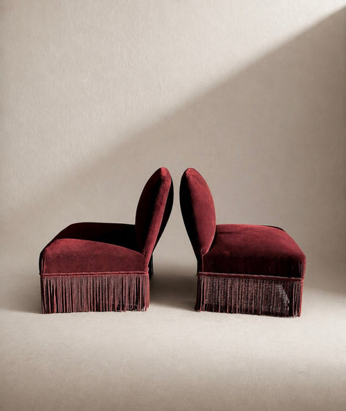 A pair of French Napoleon III red velvet slipper chairs with fringe – Armchair – MILLA OBJETS