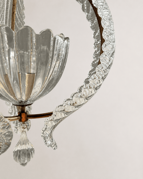 Barovier and Toso Murano glass and brass pendant light - fluted glass shade and leaf detail, close-up