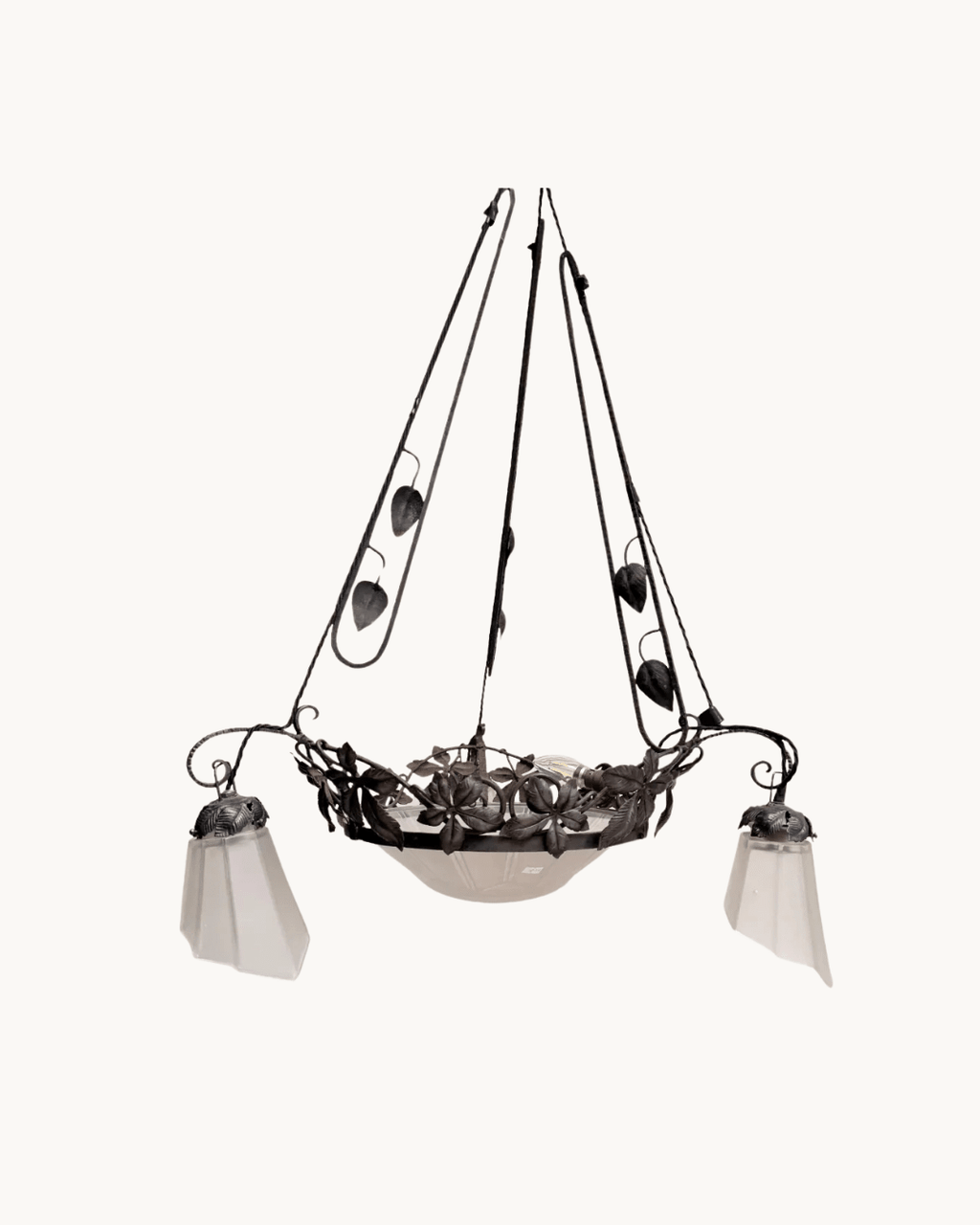 Genet & Michon French Art Nouveau Wrought Iron And Frosted Glass Chandelier – Chandelier – MILLA OBJETS