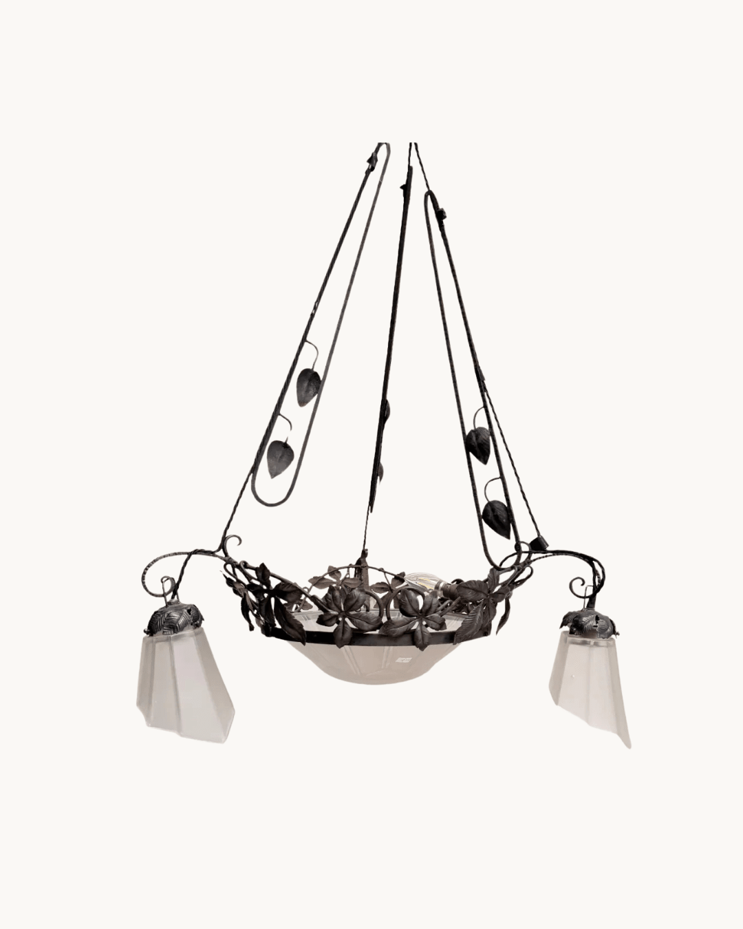Genet & Michon French Art Nouveau Wrought Iron And Frosted Glass Chandelier – Chandelier – MILLA OBJETS