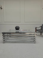 Italian chrome and glass stacked coffee table - closer front view of the stacked frame