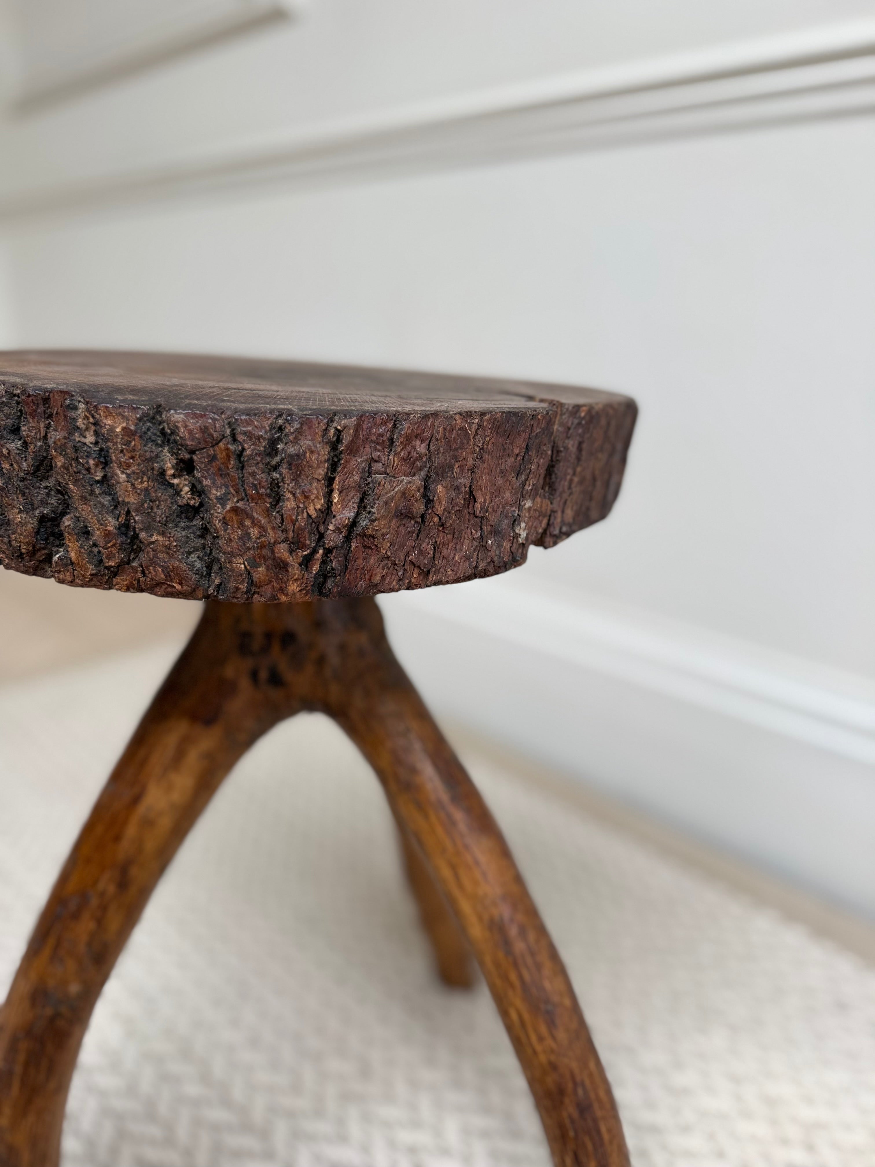 Vintage Brutalist Live-Edge Oak Log Stool with Branch Legs – Stool – MILLA OBJETS