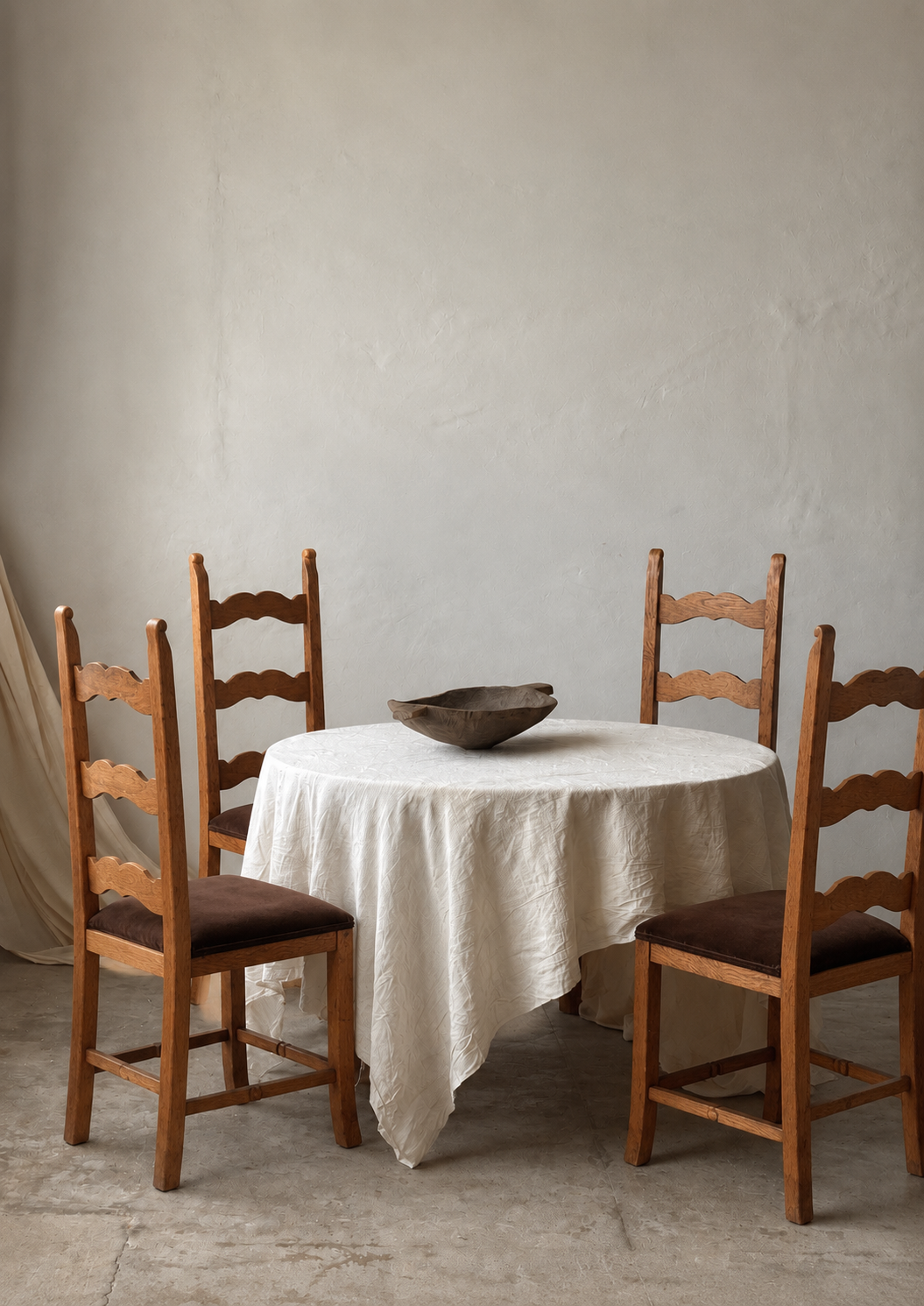 A round dining table covered with a white linen tablecloth, surrounded by four wooden ladder-back chairs with brown upholstered seats, set against a neutral plaster wall.