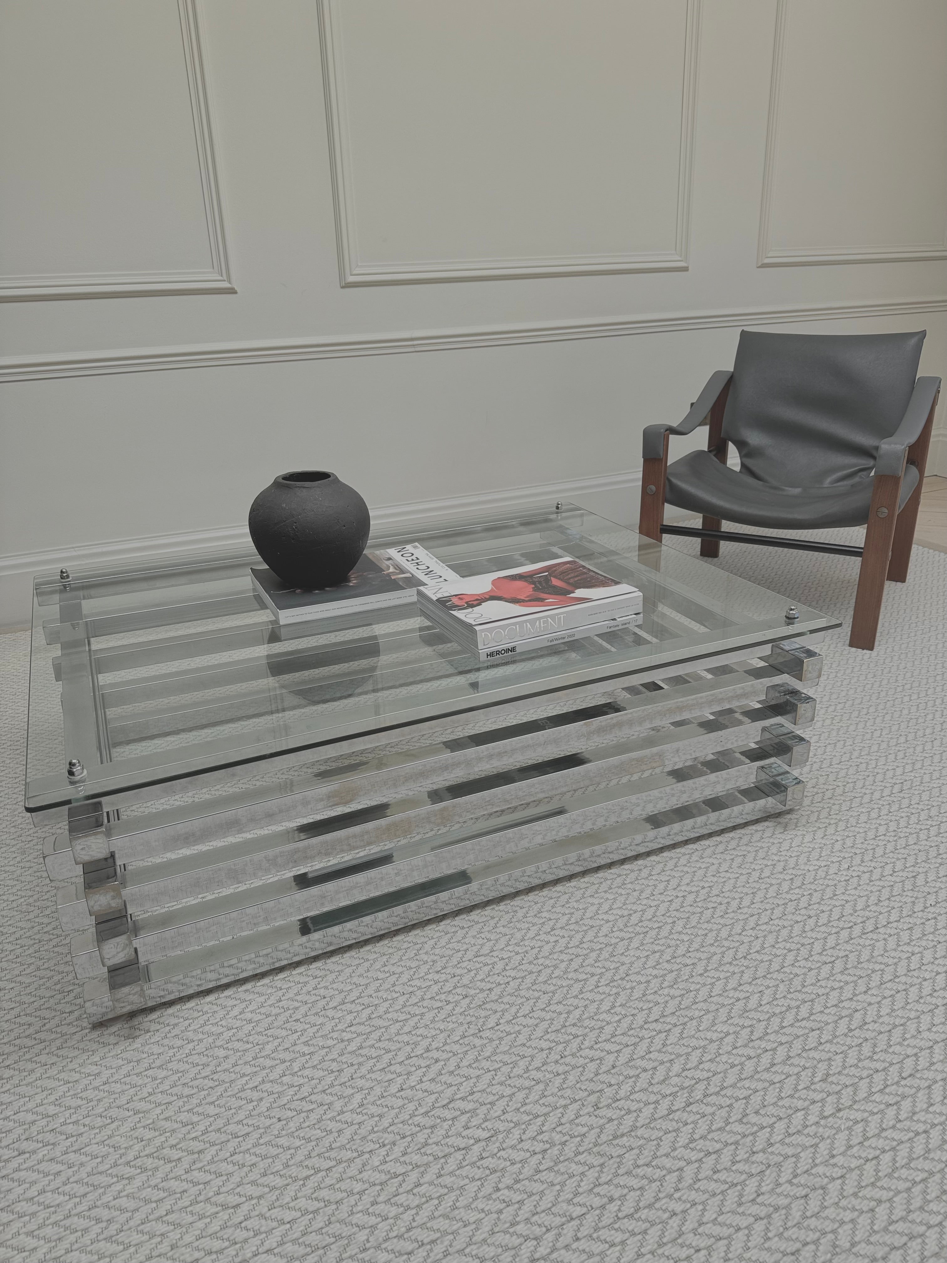 Mid Century Italian Chrome and Glass Coffee Table Stacked Rectangular – Coffee Table – MILLA OBJETS